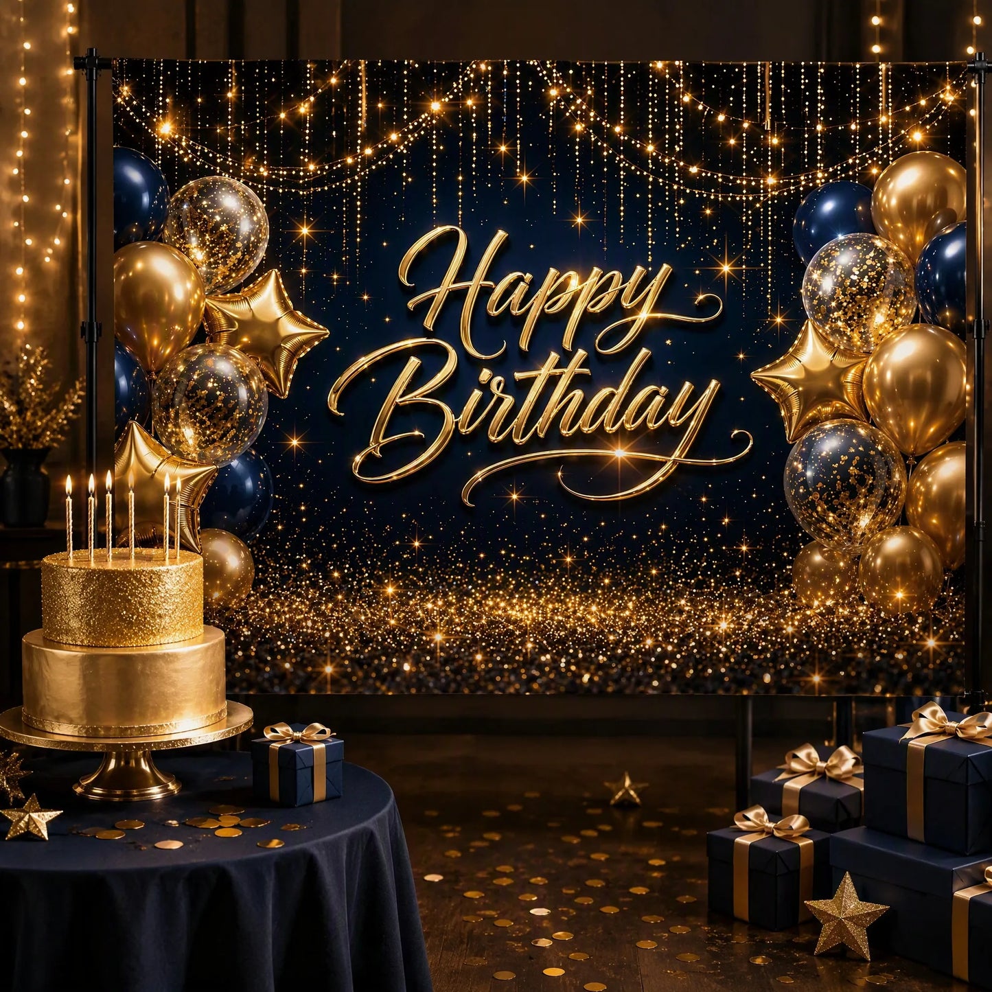 Navy Blue and Gold Birthday Party Photo Booth Scene