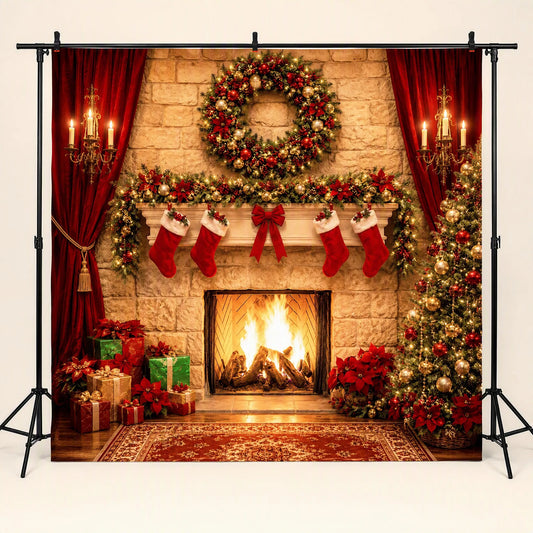 Christmas Fireplace Photo Backdrop - Cozy Holiday Living Room | 3 Sizes