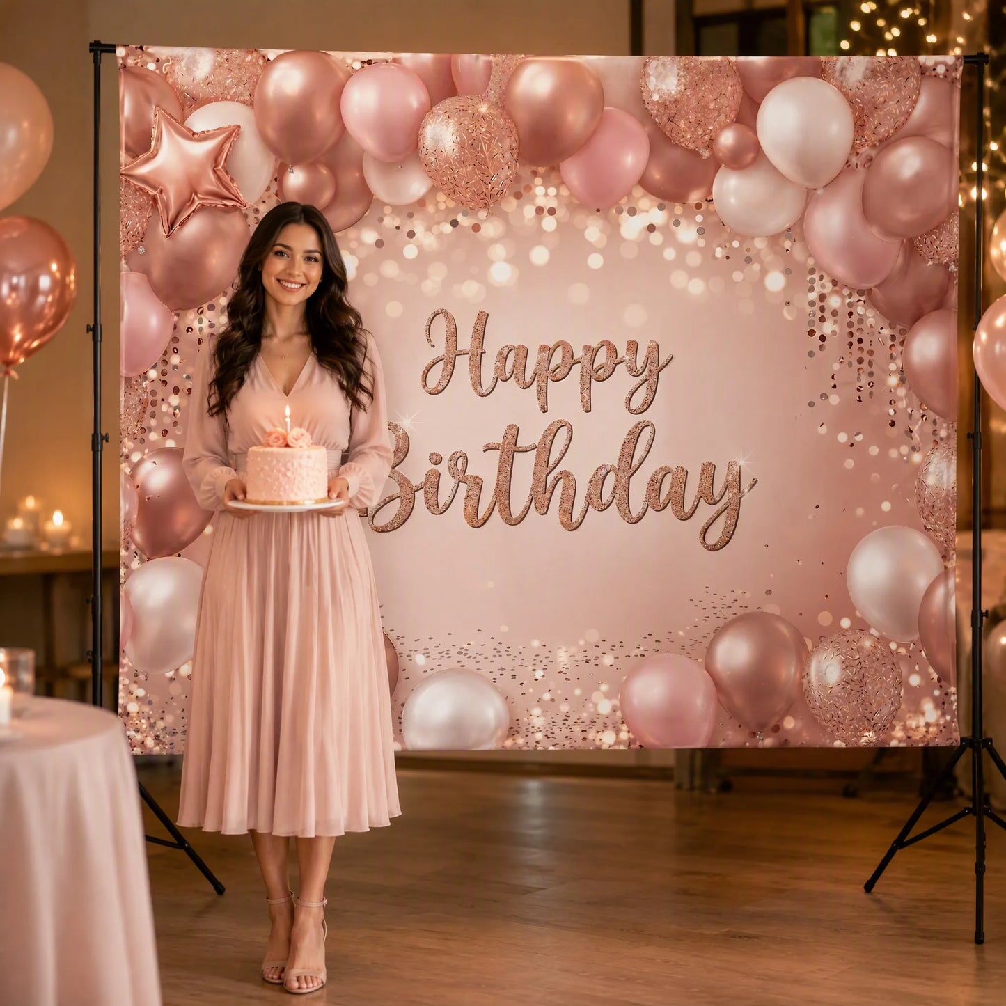 Rose Gold Birthday Backdrop with Model Holding Cake