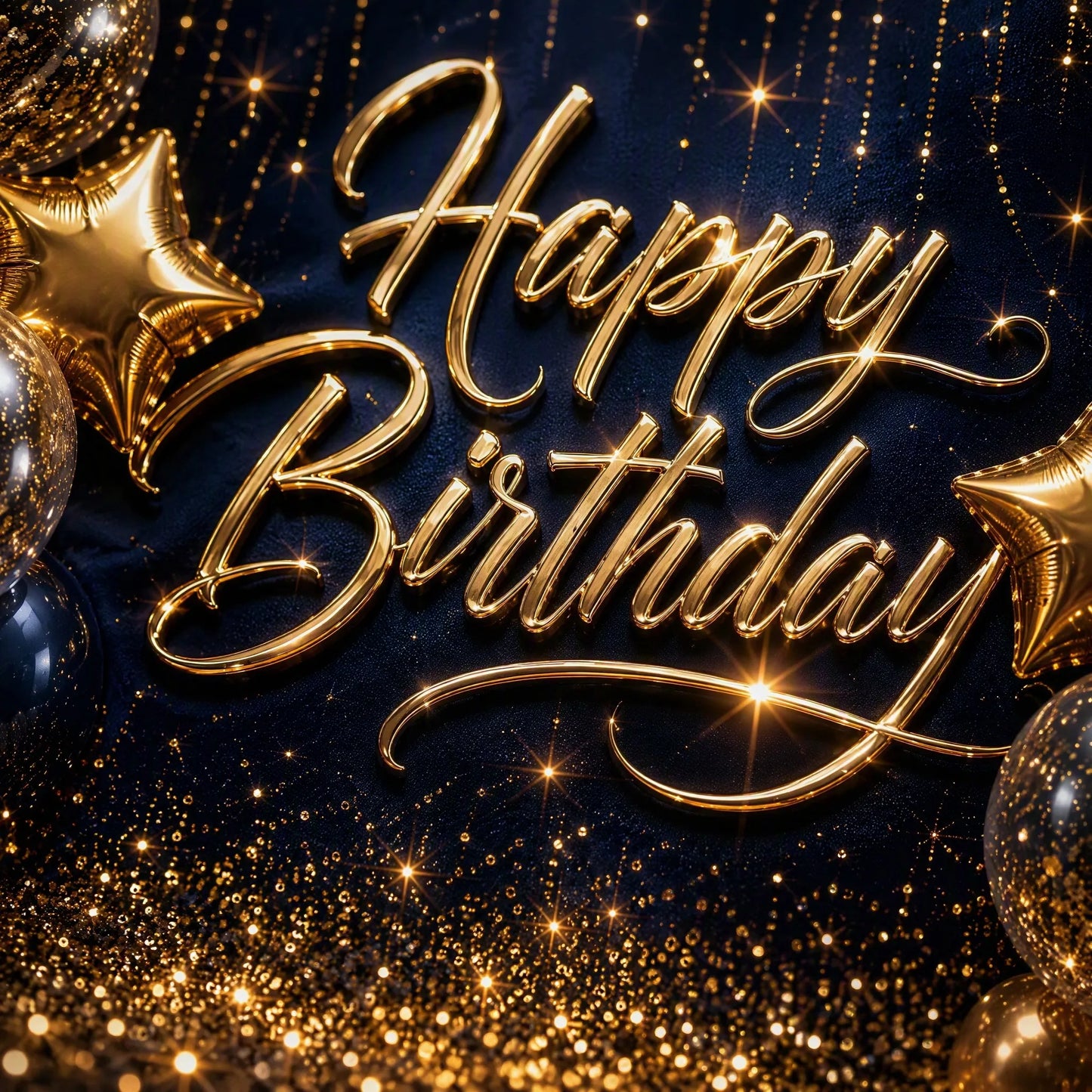 Close-up of Gold Happy Birthday Text - Navy Backdrop Detail