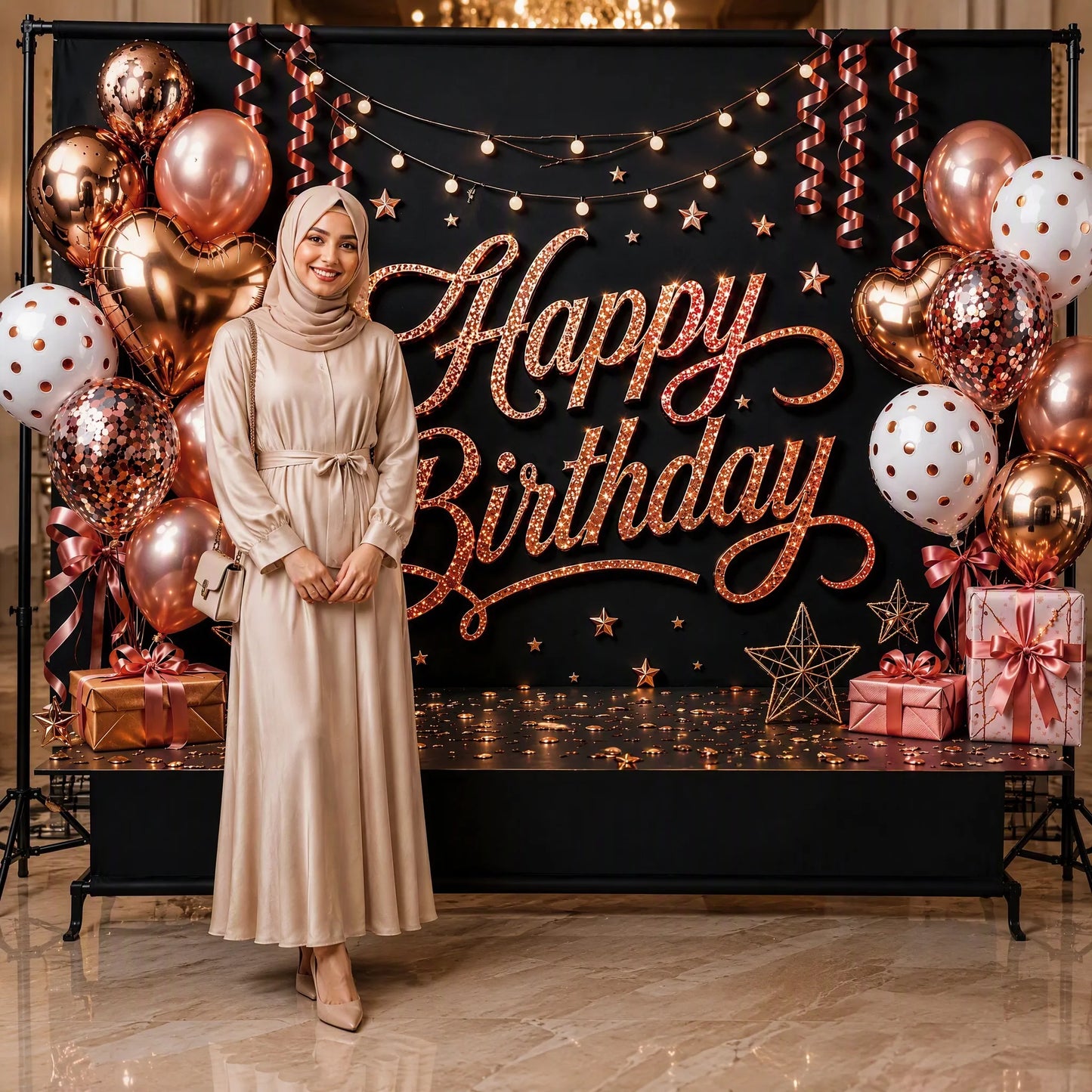 Luxe Rose Gold Backdrop with Model at Glam Party