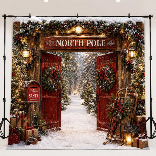 North Pole Gateway Photo Backdrop - Christmas Barn Door Scene | 3 Sizes