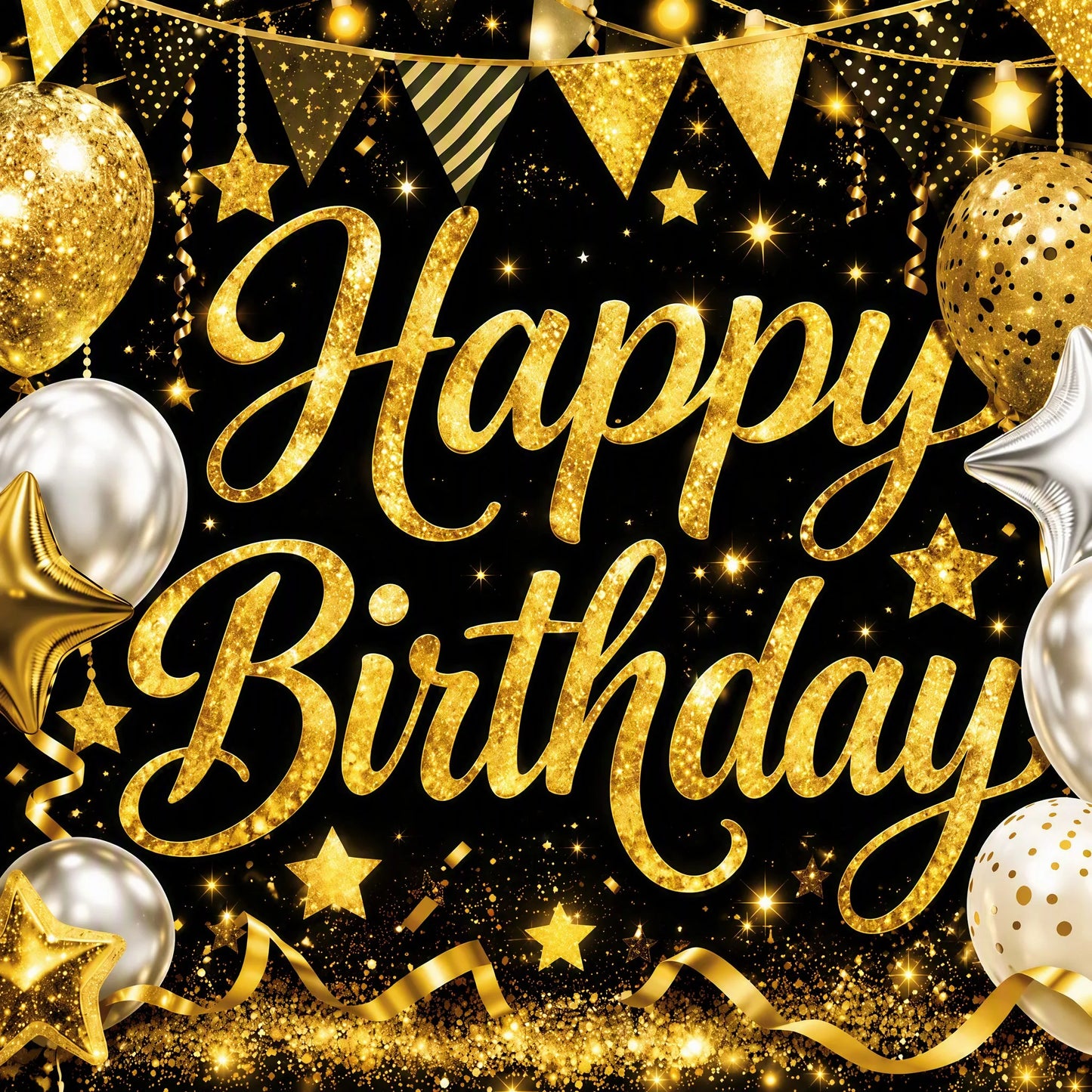 Close-up Detail of Gold Glitter Happy Birthday Text