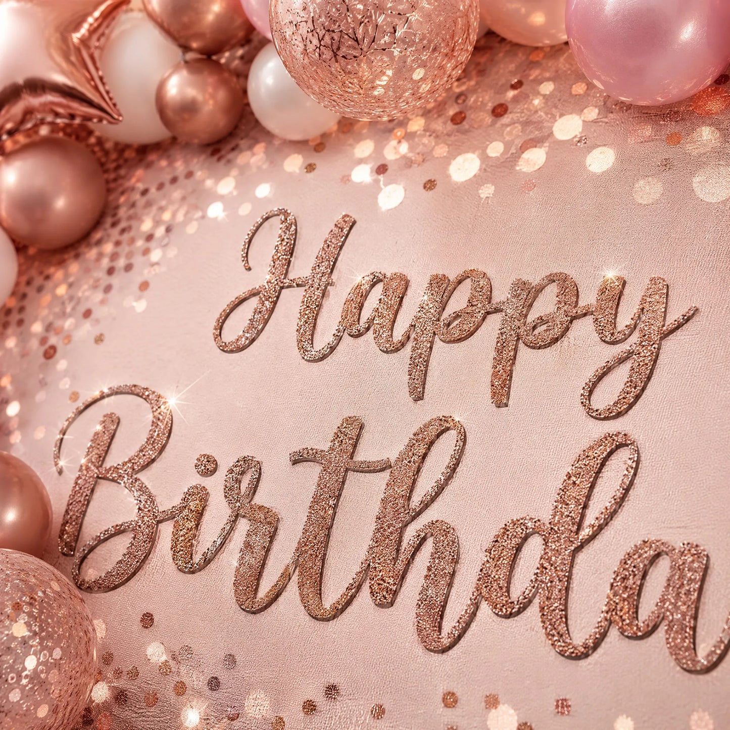 Close-up Detail of Rose Gold Happy Birthday Glitter Text