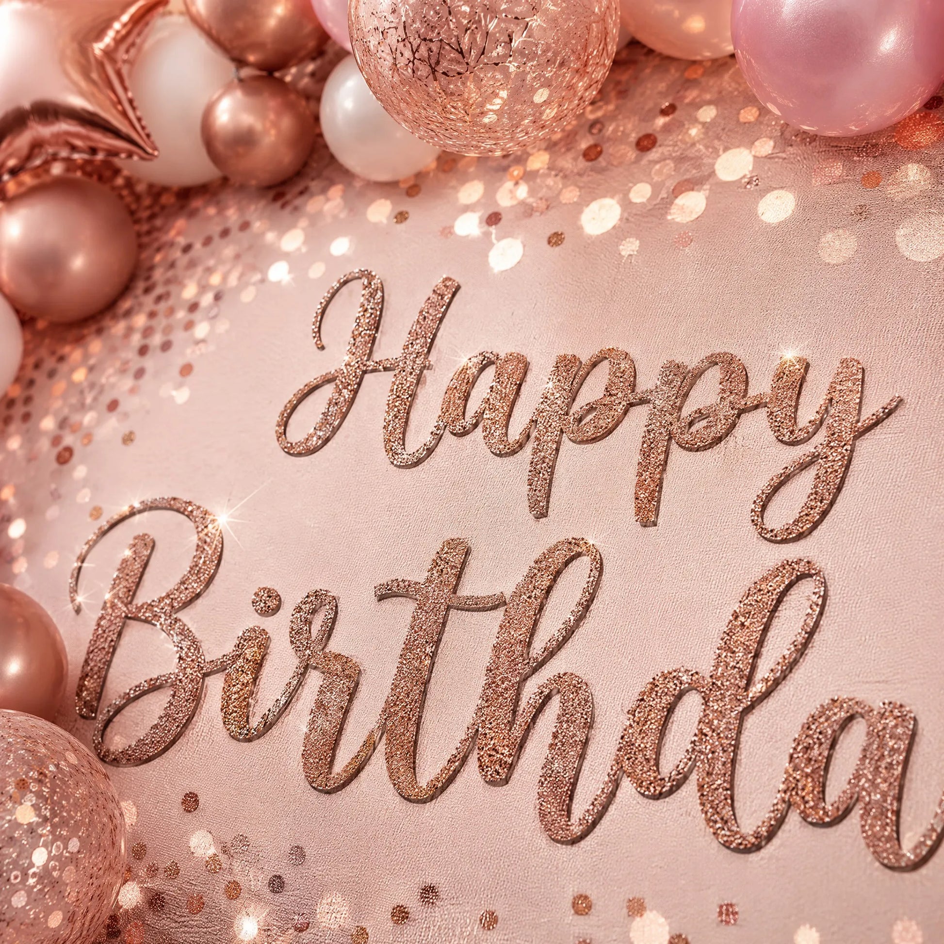 Close-up Detail of Rose Gold Happy Birthday Glitter Text