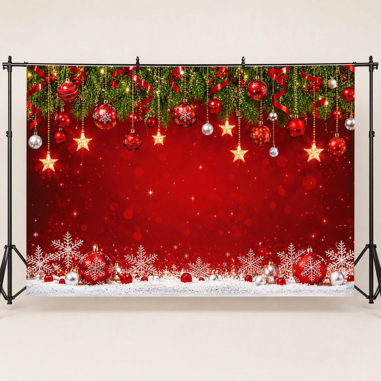Red & Gold Christmas Ornaments Photo Backdrop - Classic Holiday | 3 Sizes