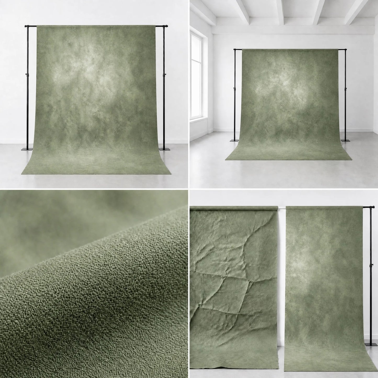Sage green concrete microfiber backdrop comparison - studio scene, fabric texture and wrinkle resistance