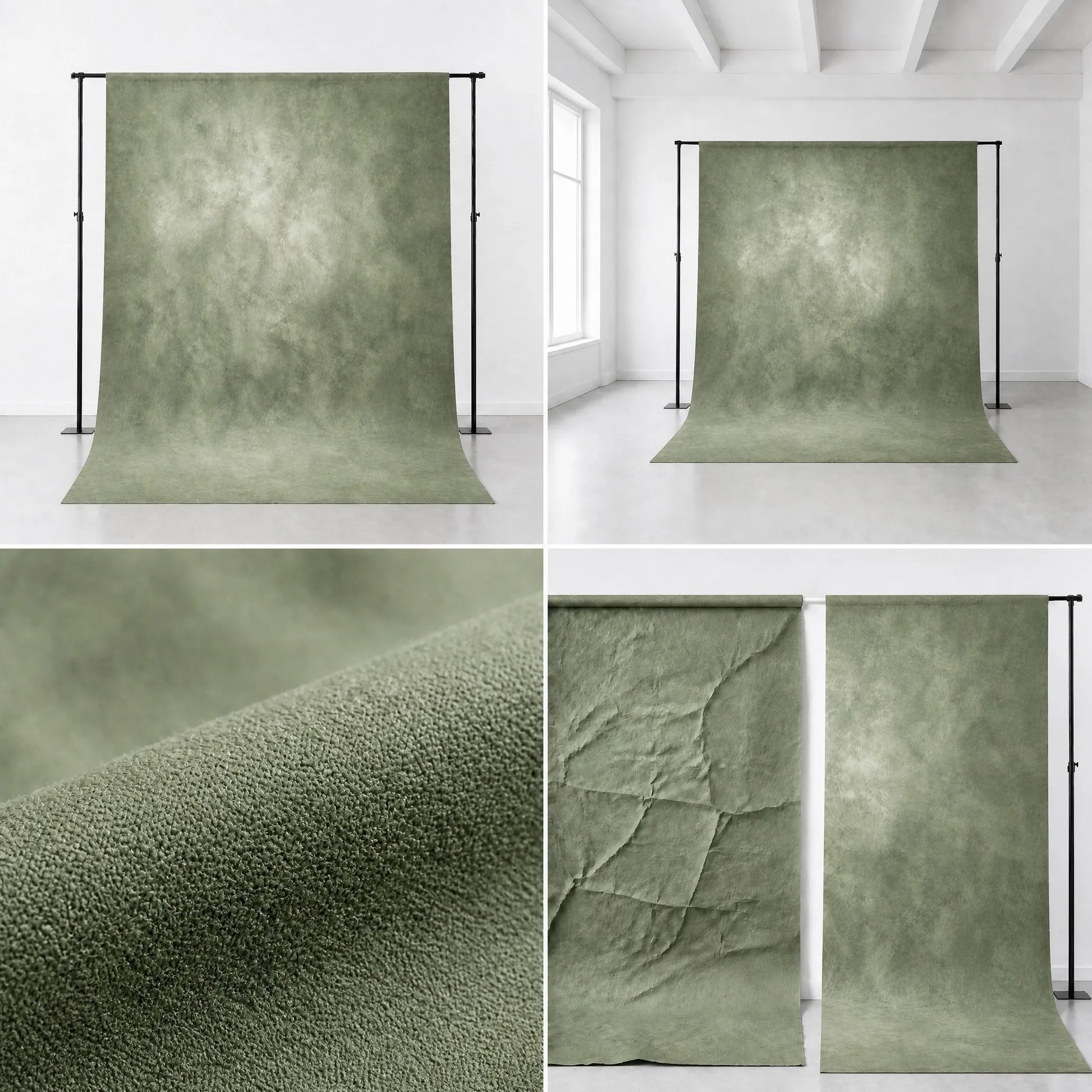 Sage green concrete microfiber backdrop comparison - studio scene, fabric texture and wrinkle resistance