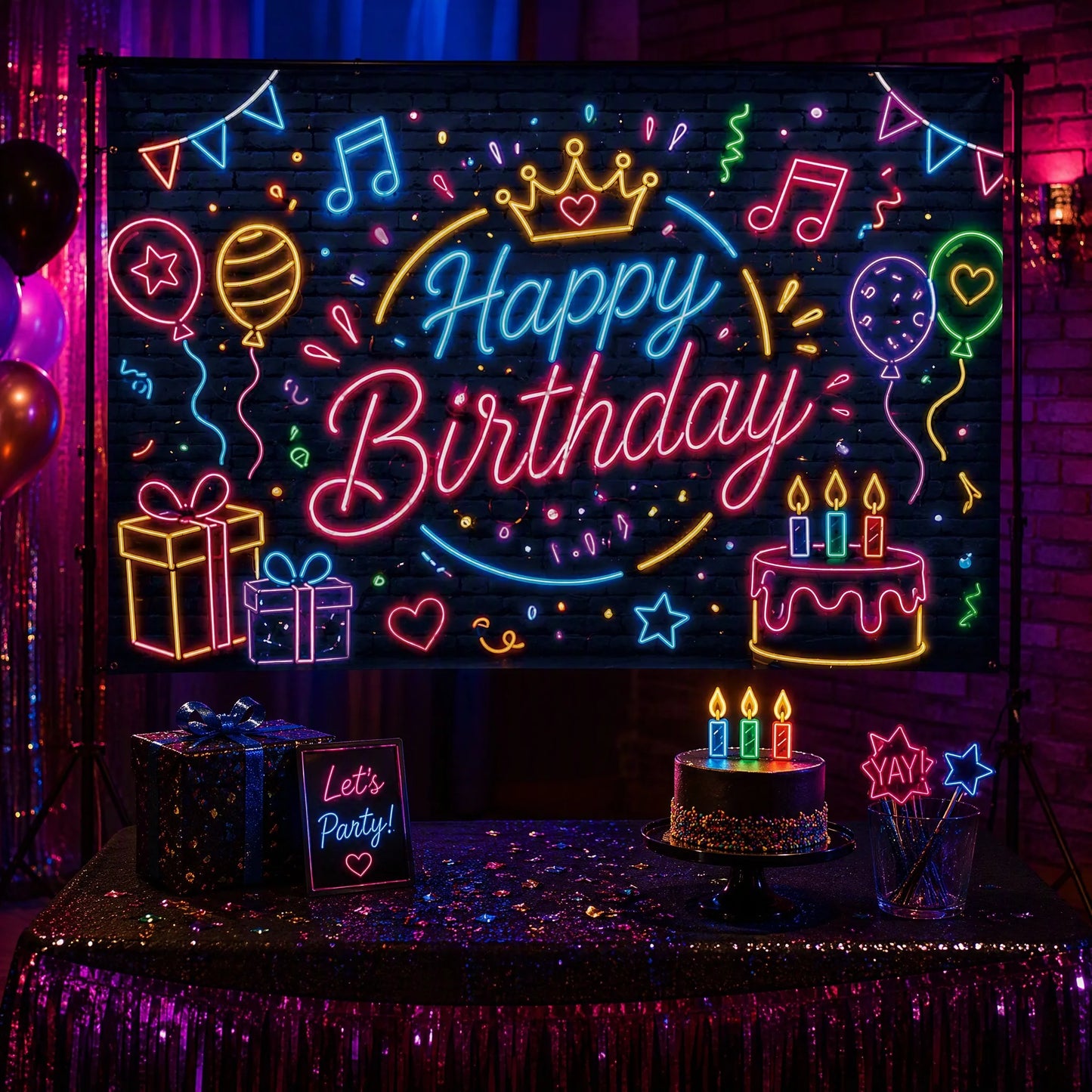 Neon Birthday Party Photo Booth Scene