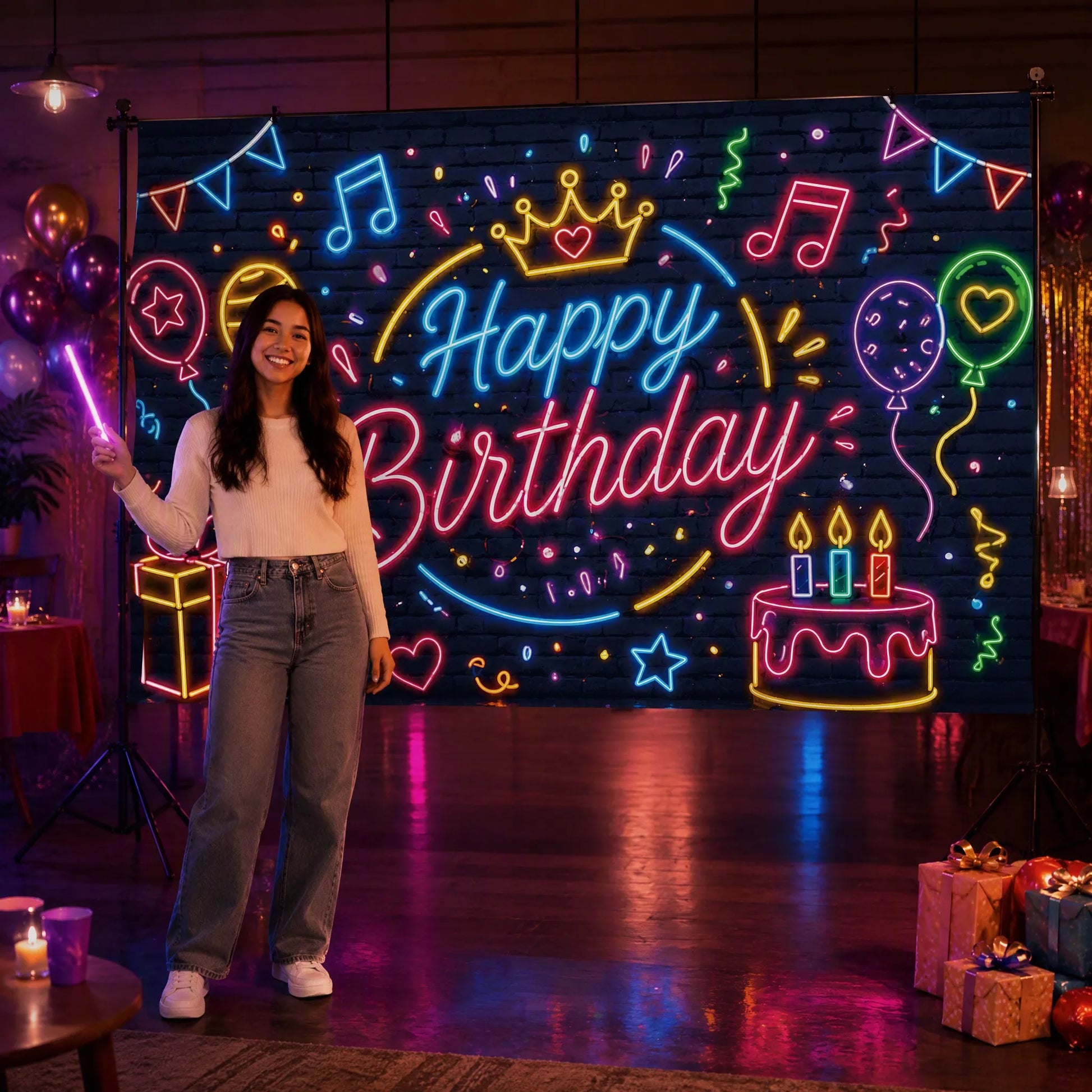 Neon Glow Birthday Backdrop with Model