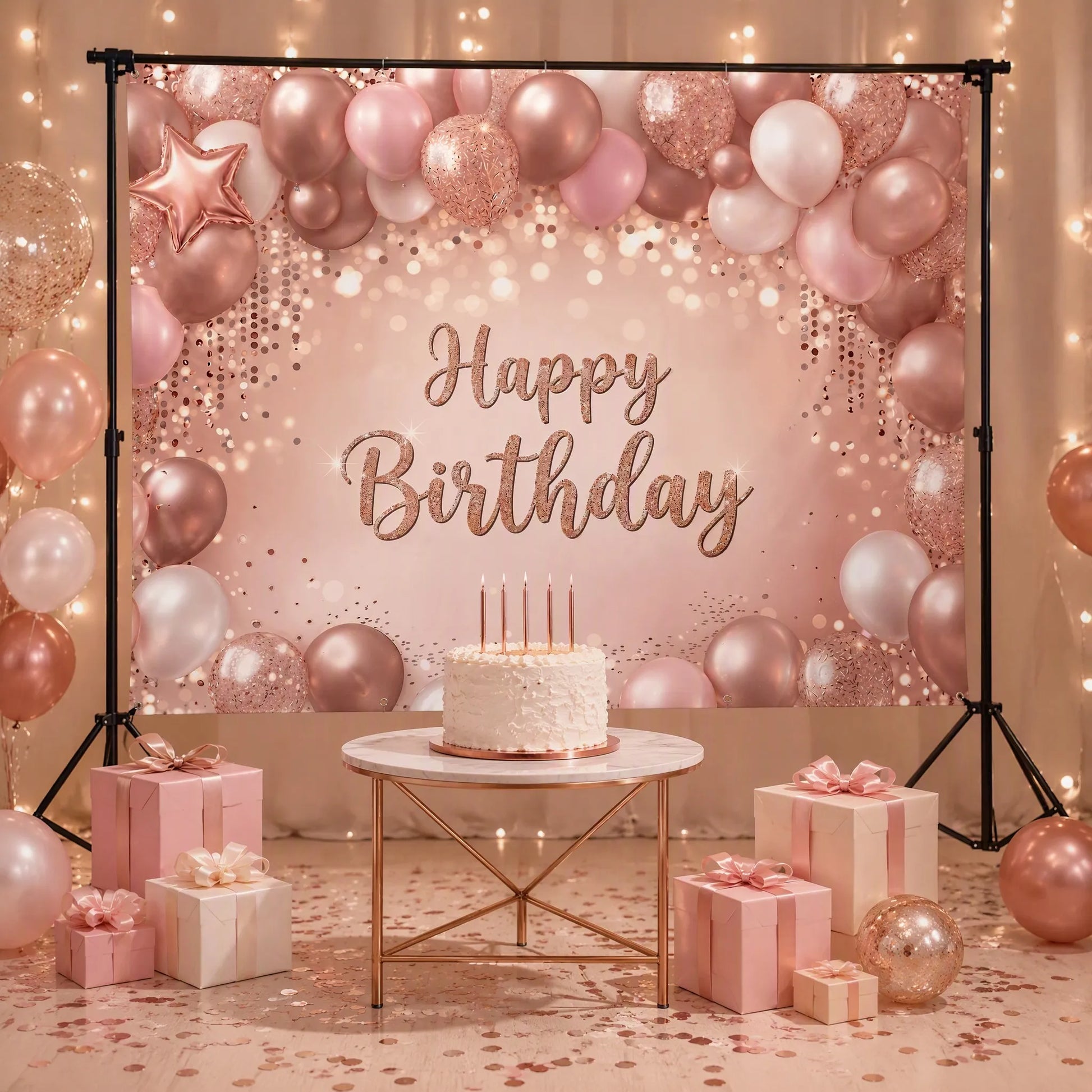 Birthday Party Photo Booth Scene with Cake and Gifts