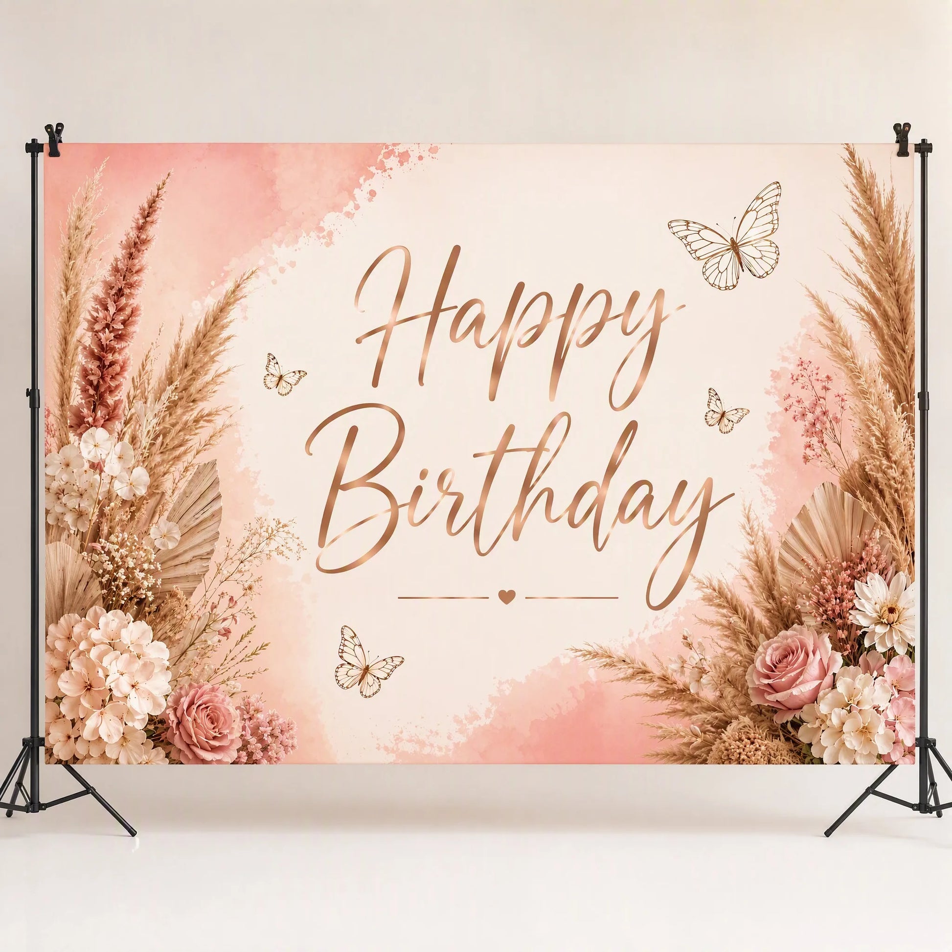 Boho Chic Pink Floral Happy Birthday Backdrop - Studio Hero