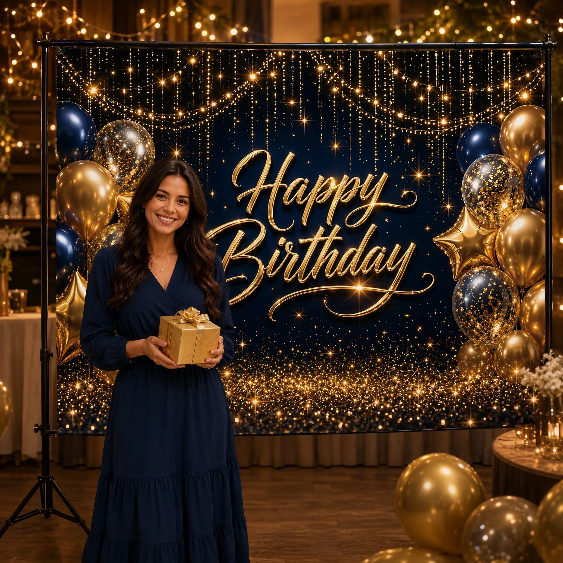 Navy Blue and Gold Birthday Backdrop with Model