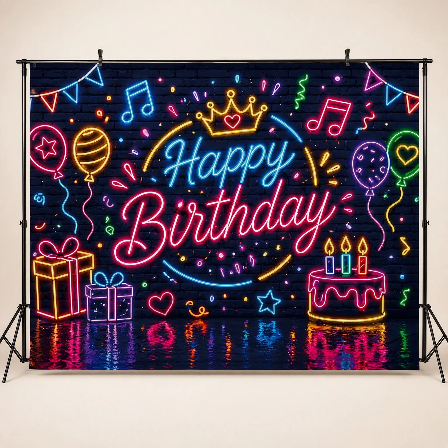 Neon Glow Happy Birthday Backdrop - Studio Hero
