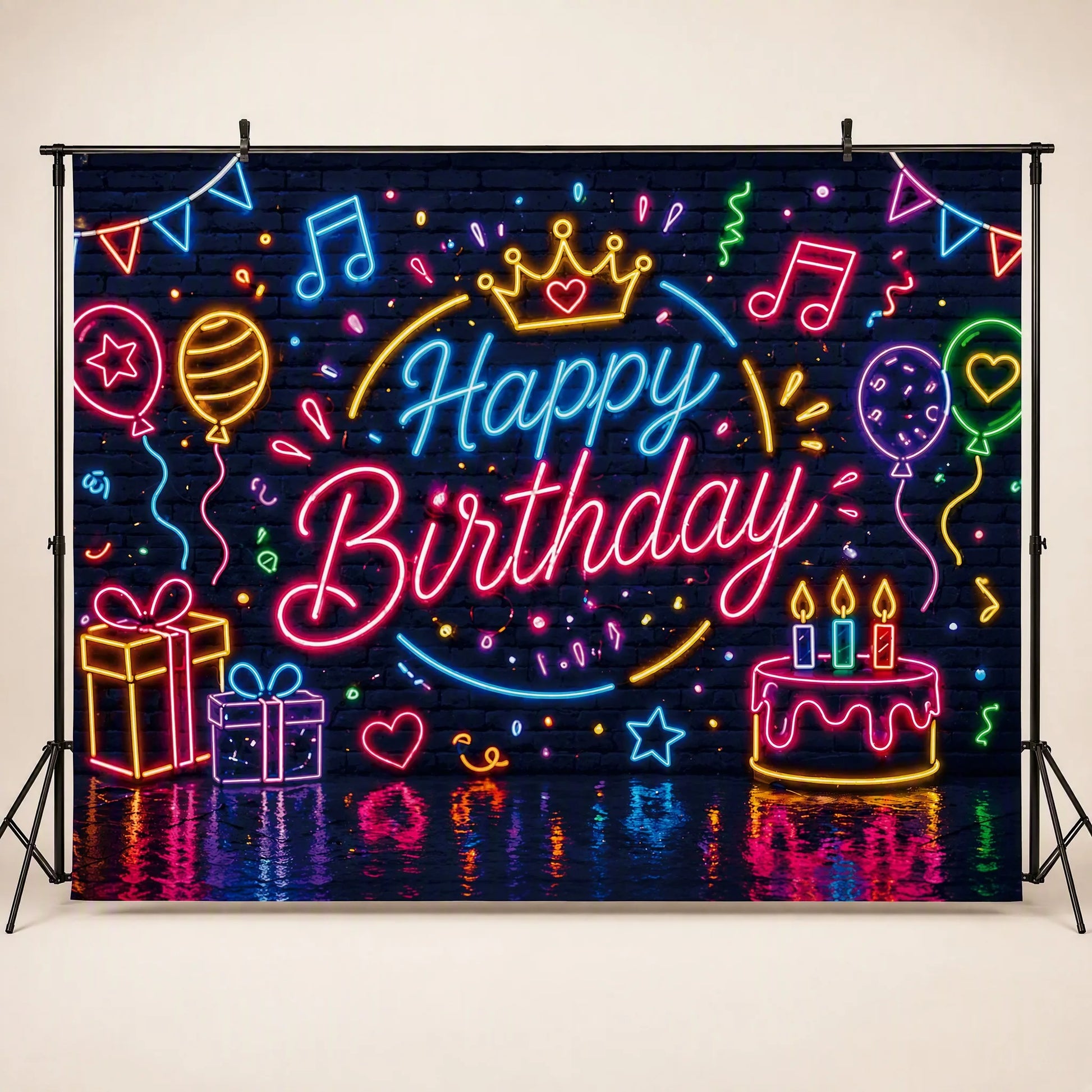 Neon Glow Happy Birthday Backdrop - Studio Hero