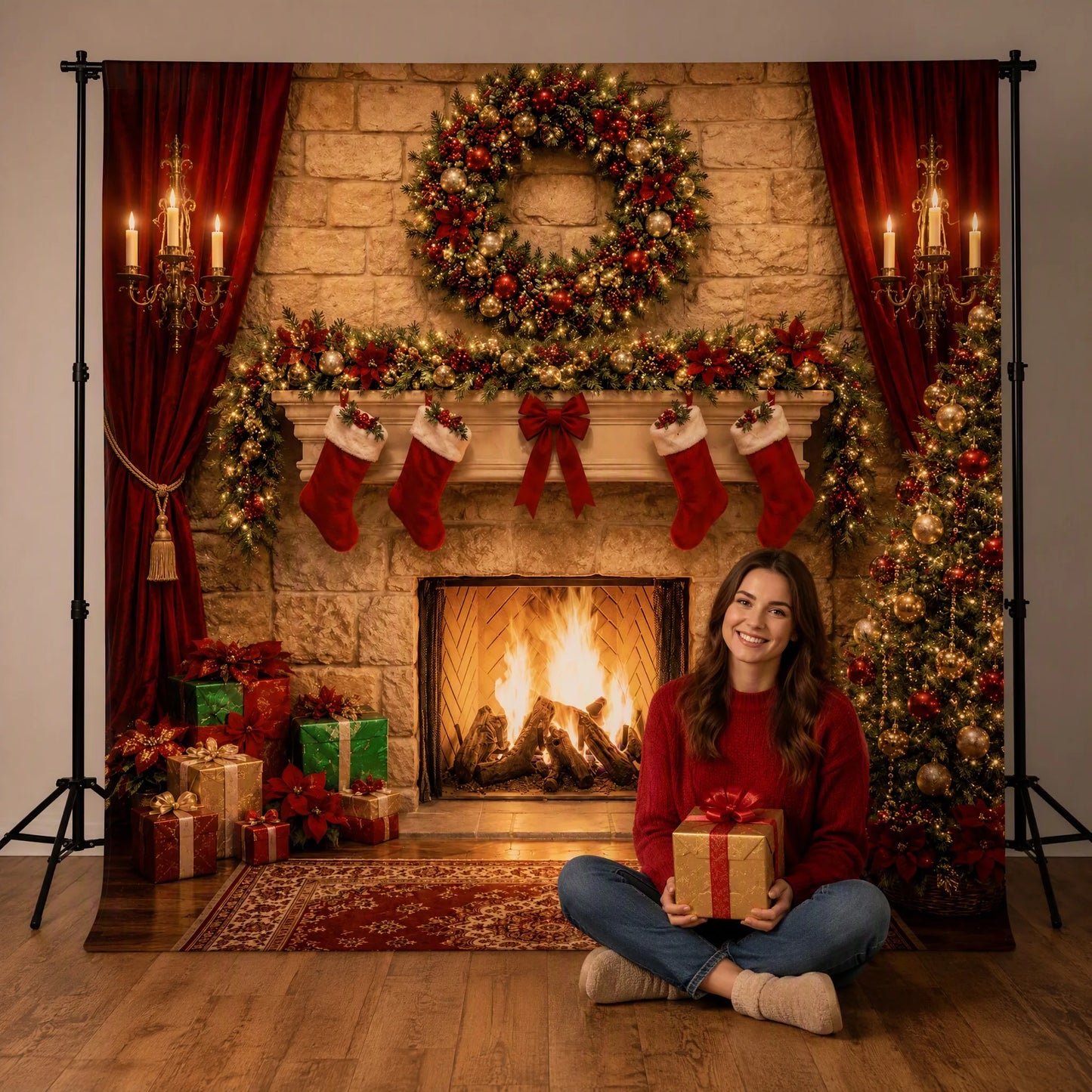 Christmas Fireplace Backdrop with Model