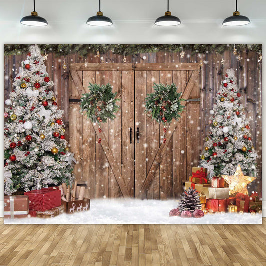 Winter Christmas Wonderland Rustic Wood Door Photography Backdrop for Party Decorations