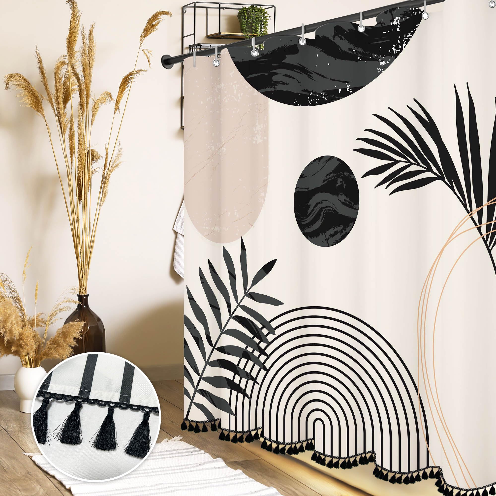 Boho Mid Century Leaf Shower Curtain Set,Arch Sun Design,Minimalistic Leaves Pattern,Waterproof and Luxurious Fabric-12 Hooks